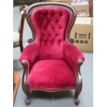 UPHOLSTERED MAHOGANY BUTTON BACK NURSING CHAIR