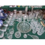 QUANTITY OF VARIOUS GLASSWARE INCLUDING SILVER BANDED DECANTER AND WATERFORD CRYSTAL, ETC.