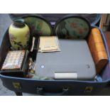SUITCASE OF SUNDRIES INCLUDING STORAGE BOXES, CIRCULAR EMBROIDERIES, SCALES, POSTCARDS, TYPEWRITER,
