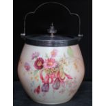 ROYAL WORCESTER HANDPAINTED BLUSH IVORY BISCUIT BARREL WITH SILVER PLATED COVER