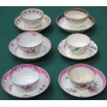 SIX VARIOUS EARLY HANDPAINTED TEA BOWLS WITH SAUCERS