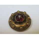 PRETTY VICTORIAN HALLMARKED MOURNING BROOCH SET WITH PEARL AND RUBY STONES