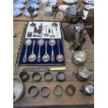 MIXED LOT OF VARIOUS SILVER PLATEDWARE, FLATWARE, WORLD WAR I MEDAL AND SILVER THREE PENCE PIECES,