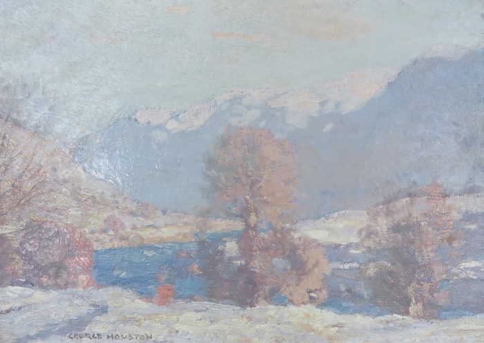 GEORGE HOUSTON RSA, RSW (SCOTTISH 1869-1947), OIL ON BOARD DEPICTING SCOTTISH WINTER LOCH SCENE,