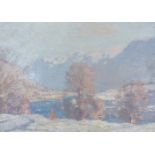 GEORGE HOUSTON RSA, RSW (SCOTTISH 1869-1947), OIL ON BOARD DEPICTING SCOTTISH WINTER LOCH SCENE,