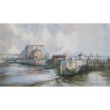 BRIAN ENTWISTLE, FRAMED WATERCOLOUR- CANNING HALF TIDE, ALBERT DOCK, SIGNED AND DATED 77,