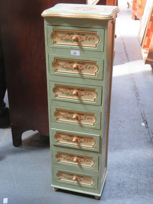 GILDED AND FLORAL DECORATED CHEST OF SEVEN DRAWERS