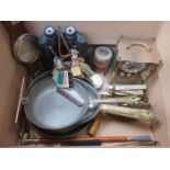 SUNDRY LOT INCLUDING COPPER AND BRASS PANS, BINOCULARS, CLOCK, BAROMETER, MAUCHLIN WARE BOX,