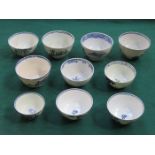 TEN VARIOUS EARLY BLUE AND WHITE CERAMIC TEA BOWLS INCLUDING WORCESTER