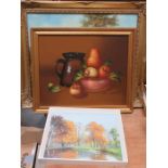 STILL LIFE OIL ON BOARD SIGNED DE MAZIA PLUS TWO OTHER OIL PAINTINGS