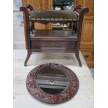 MAHOGANY ADJUSTABLE PIANO STOOL WITH SINGLE DRAWER PLUS CARVED MAHOGANY MIRROR