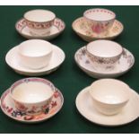 SIX VARIOUS EARLY HANDPAINTED TEA BOWLS WITH SAUCERS