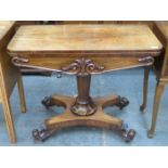 ROSEWOOD ANTIQUES FOLD OVER GAMES TABLE ON QUADRAFOIL SUPPORTS