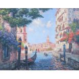 T FOSCARI, GILT FRAMED OIL ON BOARD DEPICTING PALAZZO CONTARINI, VENICE,