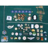 MIXED LOT INCLUDING VICTORIAN CAMEO BROOCH, COSTUME JEWELLERY, BADGES, DRESS BUTTONS, LAPEL BADGES,