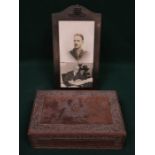 METAL PHOTO FRAMED AND TREEN STORAGE BOX,