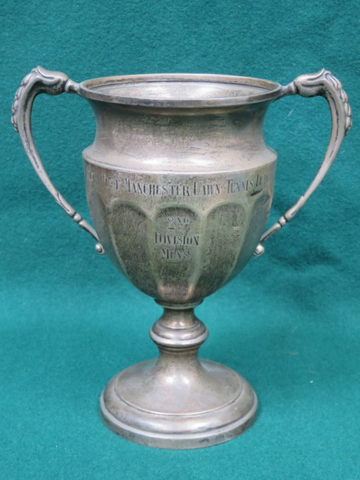 HALLMARKED SILVER TWO HANDLED SOUTH WEST MANCHESTER LAWN TENNIS LEAGUE TROPHY, BIRMINGHAM ASSAY,