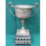 HALLMARKED SILVER TWO HANDLED TROPHY ON EBONISED AND MOUNTED STAND, BIRMINGHAM ASSAY,