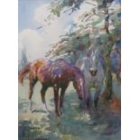 DOROTHY ADAMSON, FRAMED WATERCOLOUR DEPICTING HORSES IN A FIELD,