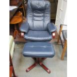 BLUE LEATHER REVOLVING ARMCHAIR AND STOOL