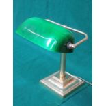 ANTIQUE BRASS DESK LAMP WITH REVOLVING GREEN GLASS SHADE,