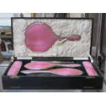 CASED HALLMARKED SILVER AND GUILLOCHE ENAMELLED SIX PIECE DRESSING TABLE SET,