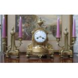 GOOD QUALITY GILT METAL FRENCH MANTEL CLOCK AND GARNITURE SET,