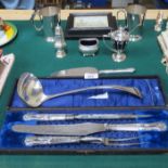 SUNDRY LOT INCLUDING SILVER HANDLED CARVING SET, TANKARDS, LADLE AND TWO PRINTS, ETC.