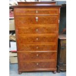 FIGURED WALNUT TALL CHEST OF SEVEN DRAWERS