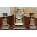 FRENCH STYLE GILT METAL MANTEL CLOCK ON STAND AND GARNITURES ON STANDS