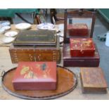 SUNDRY LOT INCLUDING WALL MIRROR, SERVING TRAY, VARIOUS LACQUERED AND OTHER STORAGE BOXES,