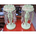 PAIR OF VICTORIAN GILDED GREEN GLASS LUSTRES WITH DROPLETS