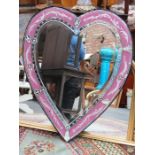 PAIR OF LARGE ART DECO STYLE PINK HEART FORM BEVELLED WALL MIRRORS,