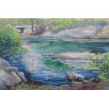 IRVING SAMUELS, FRAMED WATERCOLOUR DEPICTING A RIVER SCENE IN CENTRAL PARK,