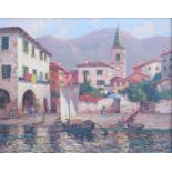 T FOSCARI, GILT FRAMED OIL ON BOARD DEPICTING LAKE MAGGIORE, ISOLA PESCATORI,