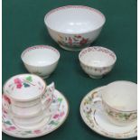 EARLY HANDPAINTED POTTERY SLOP BOWL, TWO TEA BOWLS PLUS CUPS AND SAUCERS, ETC.