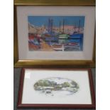 LINDA POGGIO, FRAMED WATERCOLOUR, INK AND WASH DEPICTING A PARK LANE SCENE,