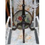 MAHOGANY EMBROIDERED POLE SCREEN ON TRIPOD SUPPORT,