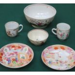 EARLY HANDPAINTED POTTERY SLOP BOWL, TEA BOWL COFFEE CANS PLUS TWO SAUCERS,