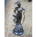 BRONZE EFFECT FIGURE DEPICTING A FEMALE HUNTER WITH KILL ON MARBLE STAND, SIGNED CB AIBERT,