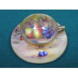 ROYAL WORCESTER HANDPAINTED AND GILDED FRUIT DECORATED CERAMIC CUP AND SAUCER,