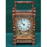 PRETTY FRENCH STYLE BRASS AND GLASS CARRIAGE CLOCK WITH ENAMELLED DIAL,