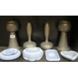 TWO PAIRS OF ART NOUVEAU STYLE HAMMERED PEWTER VASES PLUS PARCEL OF WEDGWOOD BLUE JASPERWARE