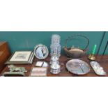 SUNDRY LOT INCLUDING PLATEDWARE, CRYSTAL CANDLE STAND, MIRROR,