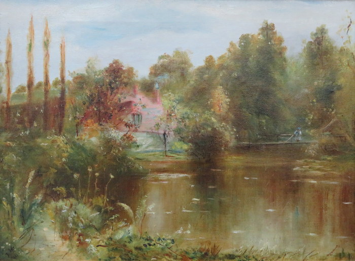 FRAMED OIL ON CANVAS DEPICTING A LAKESIDE COTTAGE SCENE, INITIALLED DW,