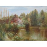 FRAMED OIL ON CANVAS DEPICTING A LAKESIDE COTTAGE SCENE, INITIALLED DW,