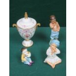 ROYAL WORCESTER CERAMIC POT AND COVER PLUS THREE ROYAL WORCESTER CERAMIC FIGURES