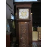 CARVED CASED LONGCASE CLOCK WITH SQUARE BRASS DIAL BY WYKE, LIVERPOOL,