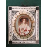 SIGNED OVAL MINIATURE PORTRAIT WITHIN CARVED IVORY PIANO KEY STYLE FRAME