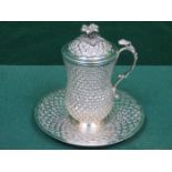 DECORATIVE SILVER COLOURED TANKARD WITH COVER ON TRAY